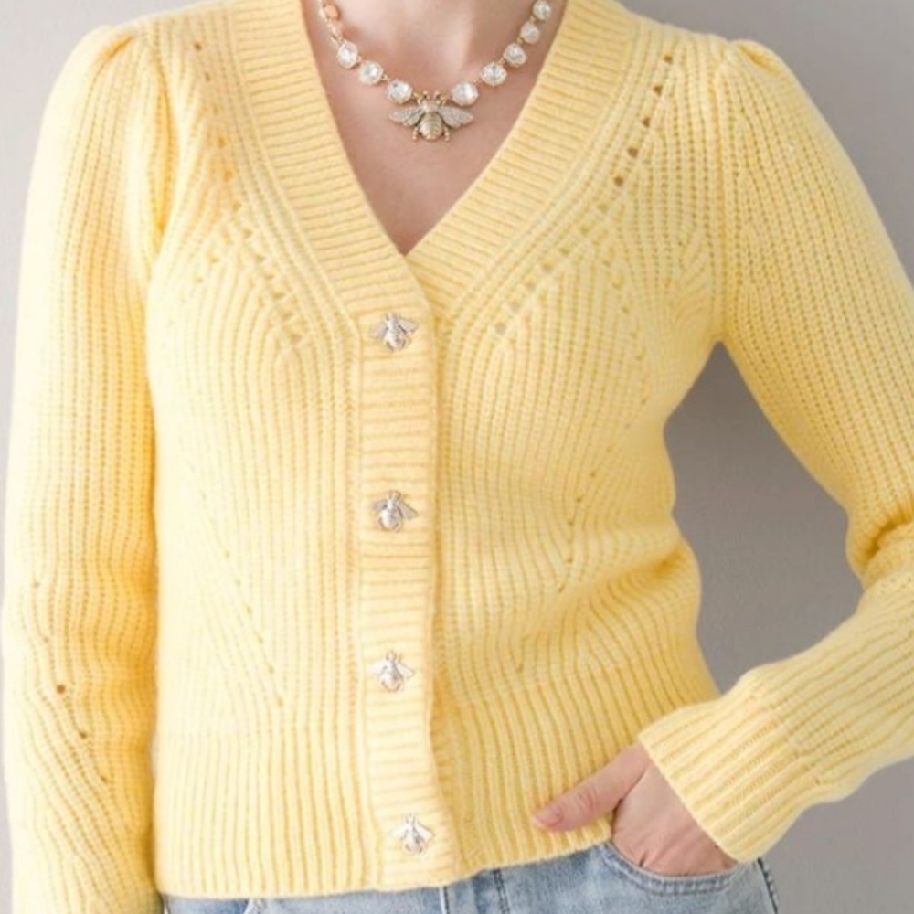 Yellow V-Neck Button Cardigan Sweater - Picture 15 of 16